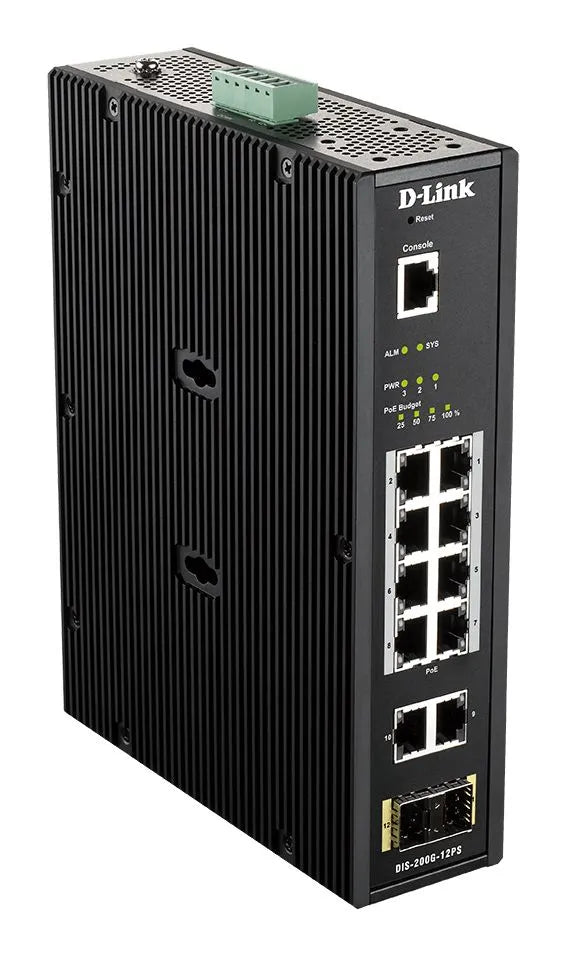 SWITCH INDUSTRIEL 10 PORTS GIGA + 2 PORTS SFP dont 8 PORTS POE BUDGET 240W Format Rail-Din